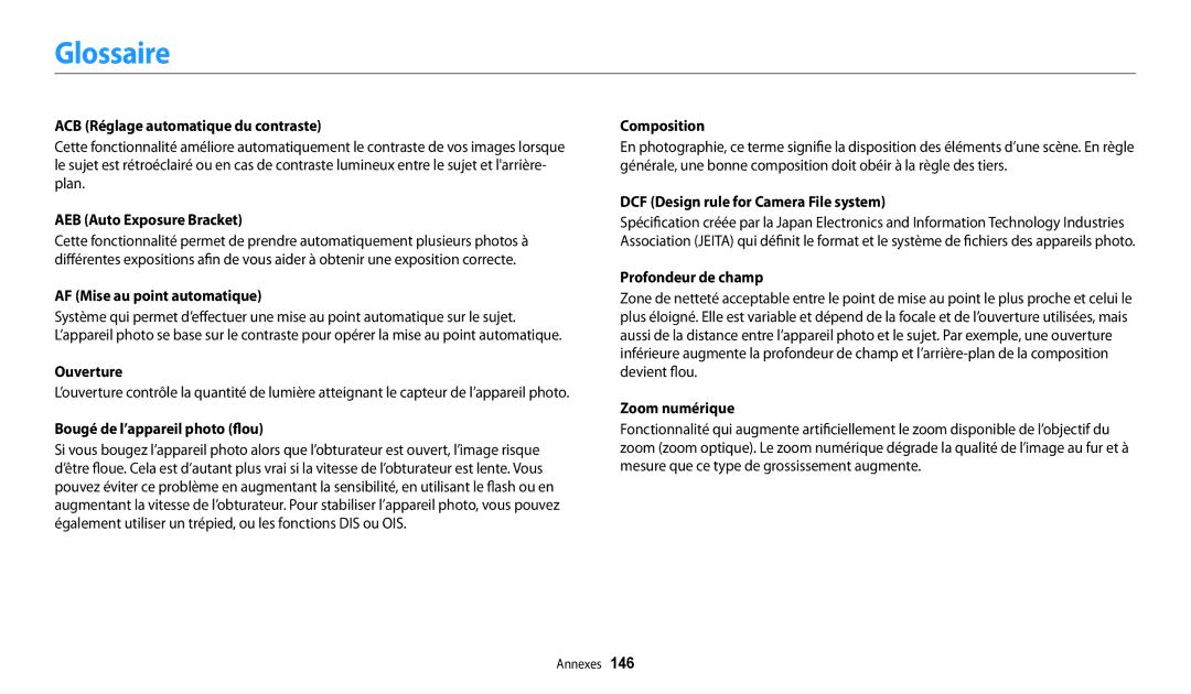 Samsung EC-WB30FZBPWFR, EC-WB32FZBDLFR, EC-WB32FZBDWFR, EC-WB32FZBDRFR, EC-WB32FZBDBFR, EC-WB30FZBPRFR manual Glossaire 