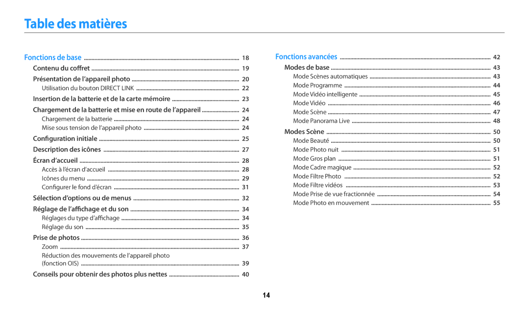 Samsung EC-WB31FZBPRFR, EC-WB32FZBDLFR, EC-WB32FZBDWFR Table des matières, Réduction des mouvements de l’appareil photo 