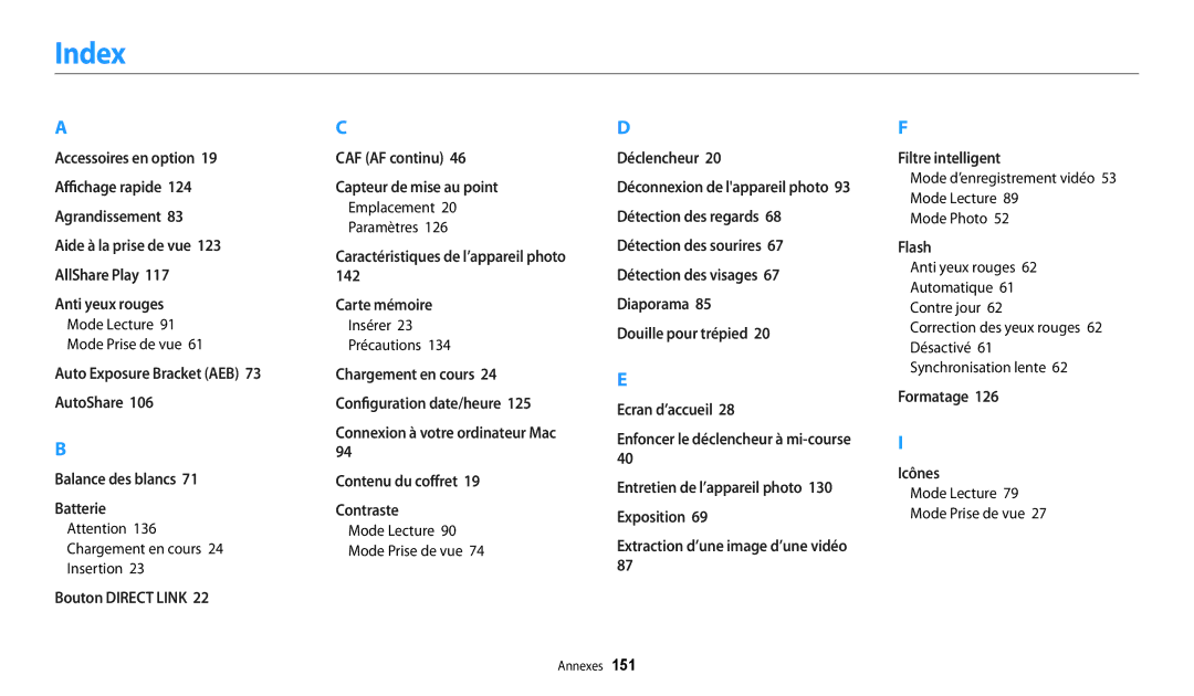 Samsung EC-WB30FZBPBFR, EC-WB32FZBDLFR Index, Mode Lecture Mode Prise de vue, Emplacement Paramètres, Insérer Précautions 