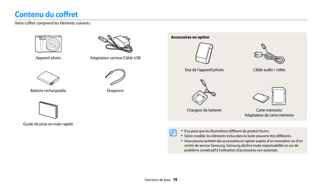 Samsung EC-WB32FZBDRFR manual Contenu du coffret, Votre coffret comprend les éléments suivants, Accessoires en option 