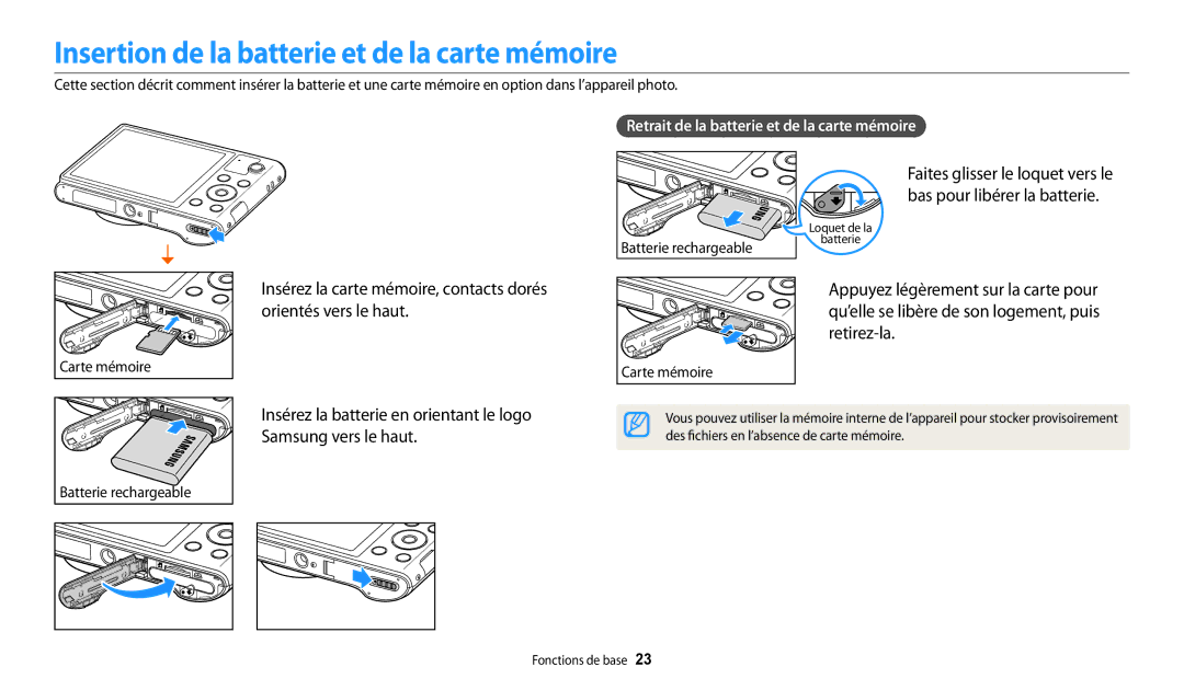 Samsung EC-WB31FZBPRFR Insertion de la batterie et de la carte mémoire, Retrait de la batterie et de la carte mémoire 