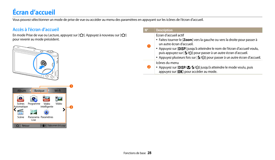 Samsung EC-WB32FZBDRFR, EC-WB32FZBDLFR, EC-WB32FZBDWFR, EC-WB30FZBPWFR manual Écran d’accueil, Accès à l’écran d’accueil 