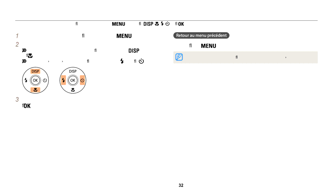 Samsung EC-WB31FZBPRFR, EC-WB32FZBDLFR manual Sélection d’options ou de menus, Appuyez sur, Retour au menu précédent 