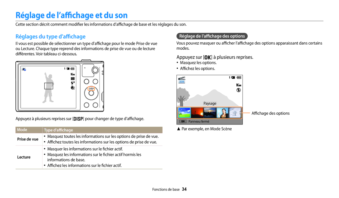 Samsung EC-WB30FZBPBFR Réglage de l’affichage et du son, Réglages du type d’affichage, Appuyez sur à plusieurs reprises 