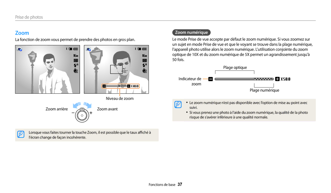 Samsung EC-WB32FZBDRFR, EC-WB32FZBDLFR, EC-WB32FZBDWFR, EC-WB30FZBPWFR manual Zoom numérique, Zoom arrière Zoom avant 