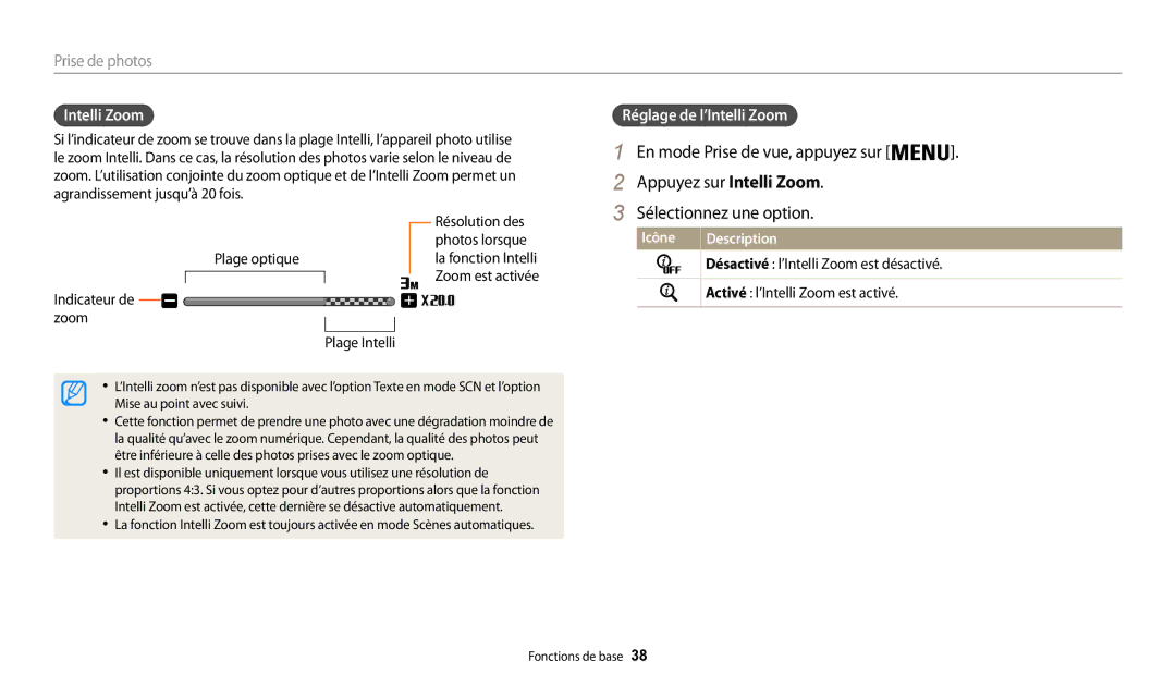 Samsung EC-WB30FZBPWFR Appuyez sur Intelli Zoom, Réglage de l’Intelli Zoom, Plage optique Indicateur de zoom Plage Intelli 