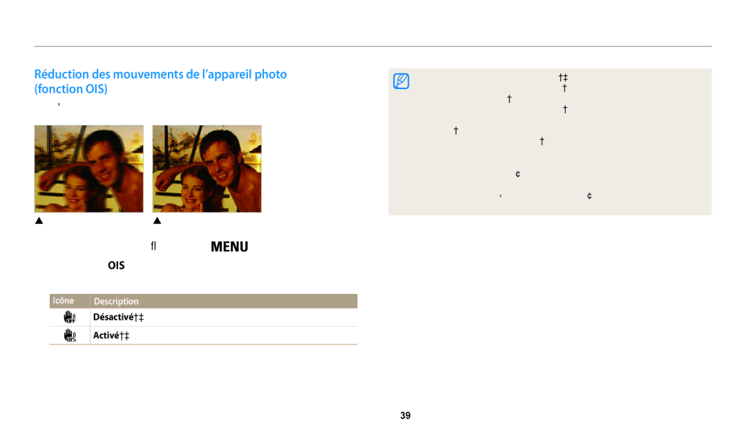 Samsung EC-WB32FZBDBFR, EC-WB32FZBDLFR, EC-WB32FZBDWFR manual Réduction des mouvements de l’appareil photo fonction OIS 