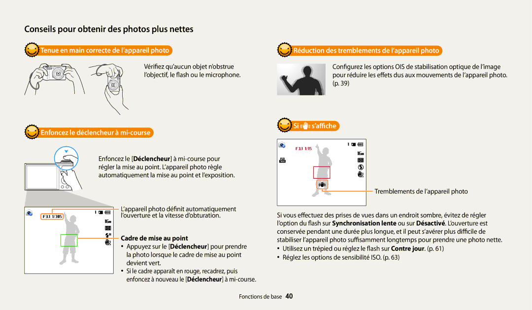 Samsung EC-WB30FZBPRFR, EC-WB32FZBDLFR Tenue en main correcte de l’appareil photo, Enfoncez le déclencheur à mi-course 