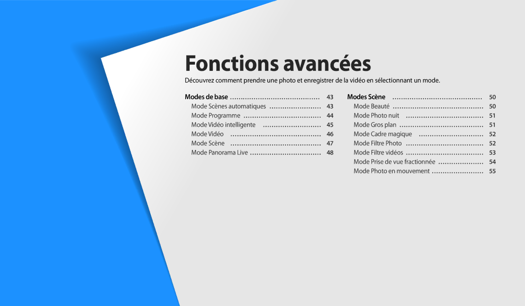 Samsung EC-WB30FZBPLFR, EC-WB32FZBDLFR, EC-WB32FZBDWFR, EC-WB32FZBDRFR, EC-WB30FZBPWFR, EC-WB32FZBDBFR manual Fonctions avancées 