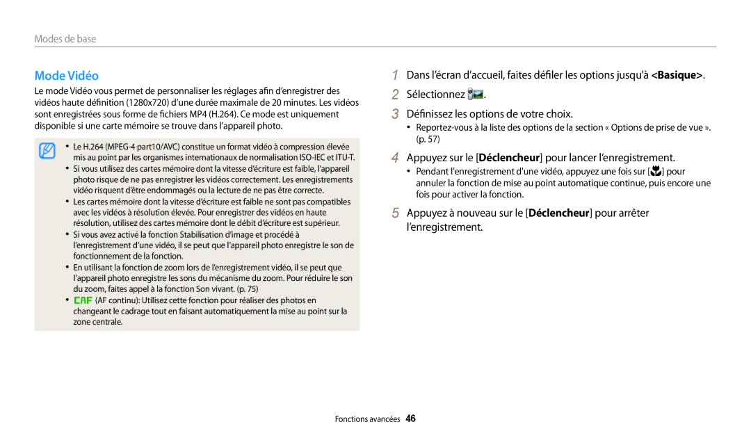 Samsung EC-WB32FZBDRFR, EC-WB32FZBDLFR, EC-WB32FZBDWFR manual Mode Vidéo, Sélectionnez Définissez les options de votre choix 