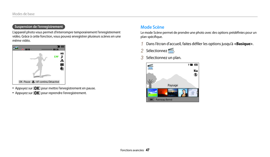 Samsung EC-WB30FZBPWFR, EC-WB32FZBDLFR manual Mode Scène, Sélectionnez Sélectionnez un plan, Suspension de l’enregistrement 