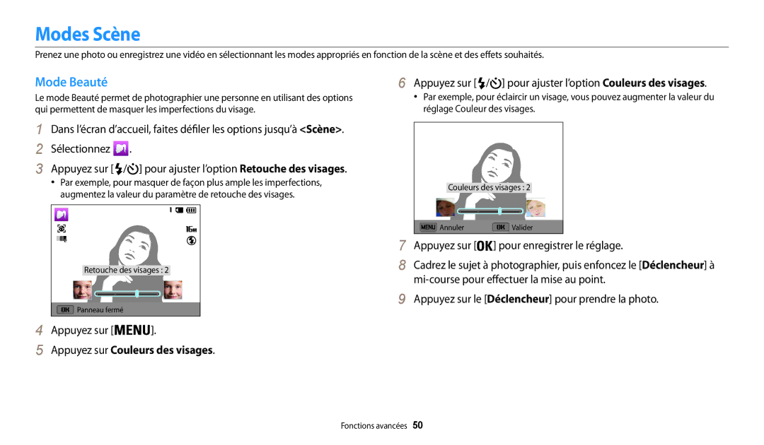 Samsung EC-WB31FZBPRFR manual Modes Scène, Mode Beauté, Appuyez sur Couleurs des visages, Pour enregistrer le réglage 