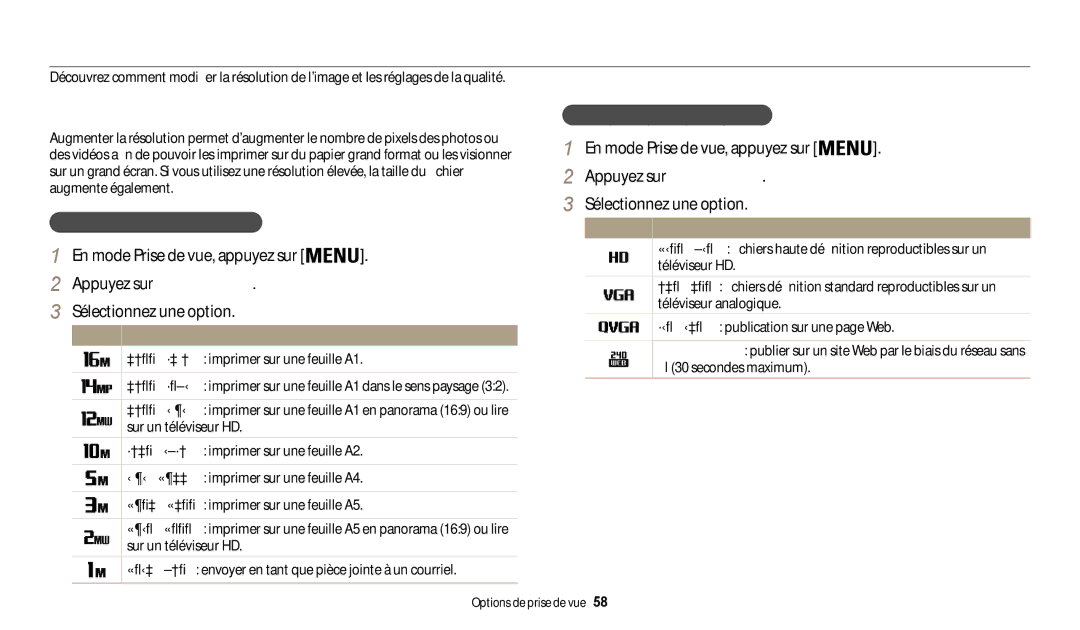 Samsung EC-WB30FZBPRFR, EC-WB32FZBDLFR manual Sélection de la résolution et de la qualité, Sélection d’une résolution 