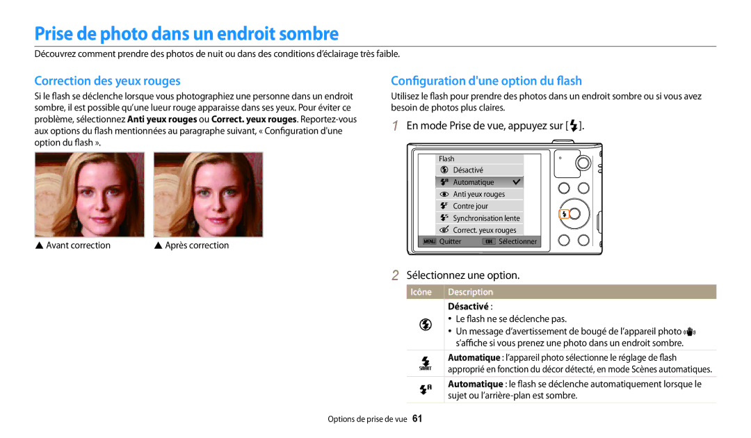 Samsung EC-WB30FZBPBFR, EC-WB32FZBDLFR manual Prise de photo dans un endroit sombre, Correction des yeux rouges, Désactivé 