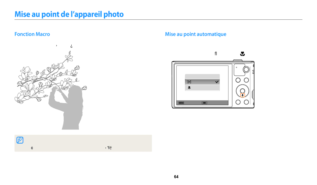 Samsung EC-WB32FZBDRFR, EC-WB32FZBDLFR manual Mise au point de l’appareil photo, Fonction Macro, Mise au point automatique 