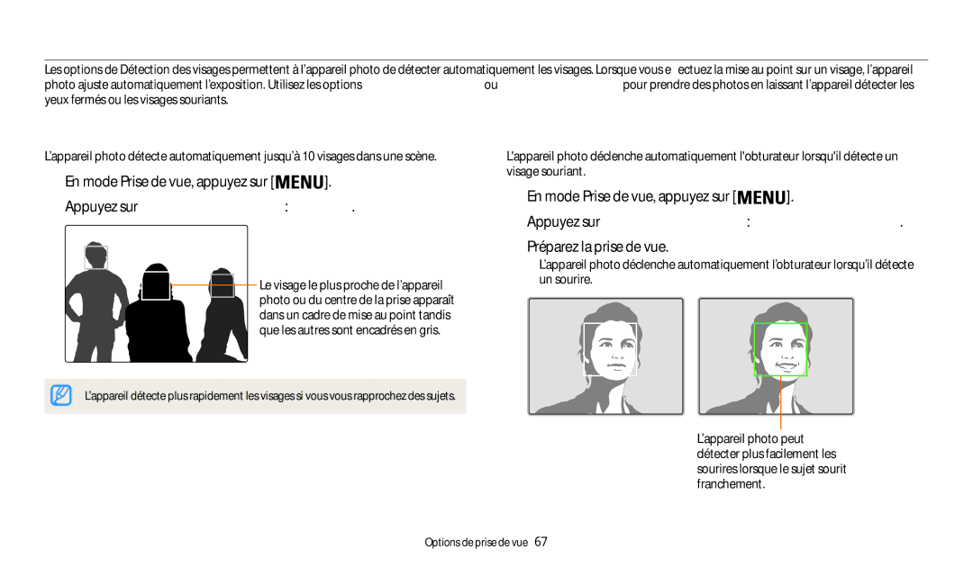 Samsung EC-WB30FZBPRFR, EC-WB32FZBDLFR Fonction de Détection des visages, Détection des sourires, Préparez la prise de vue 