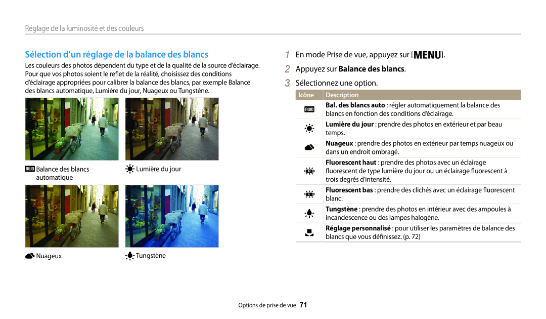 Samsung EC-WB32FZBDLFR, EC-WB32FZBDWFR Sélection d’un réglage de la balance des blancs, Appuyez sur Balance des blancs 