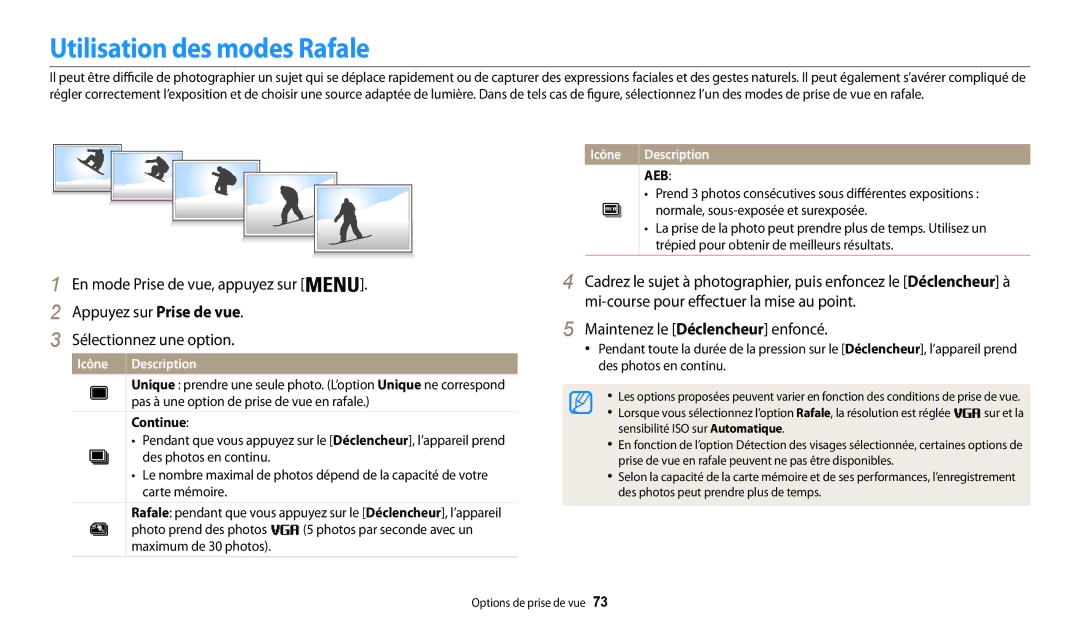 Samsung EC-WB32FZBDRFR, EC-WB32FZBDLFR manual Utilisation des modes Rafale, Maintenez le Déclencheur enfoncé, Continue 