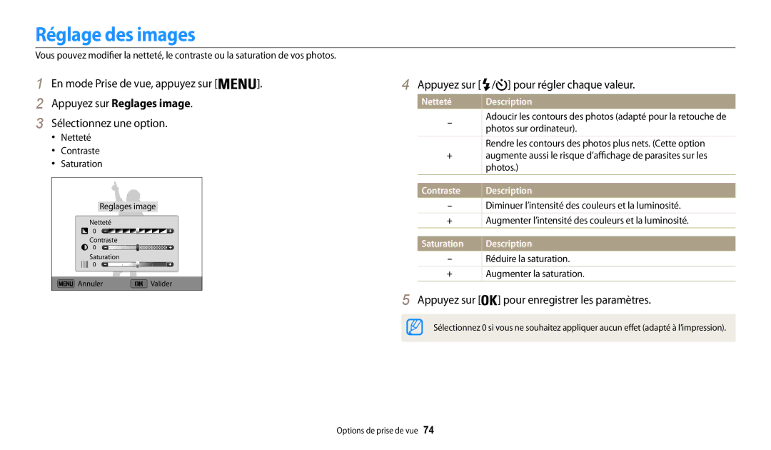 Samsung EC-WB30FZBPWFR manual Réglage des images, Appuyez sur Reglages image, Appuyez sur pour enregistrer les paramètres 