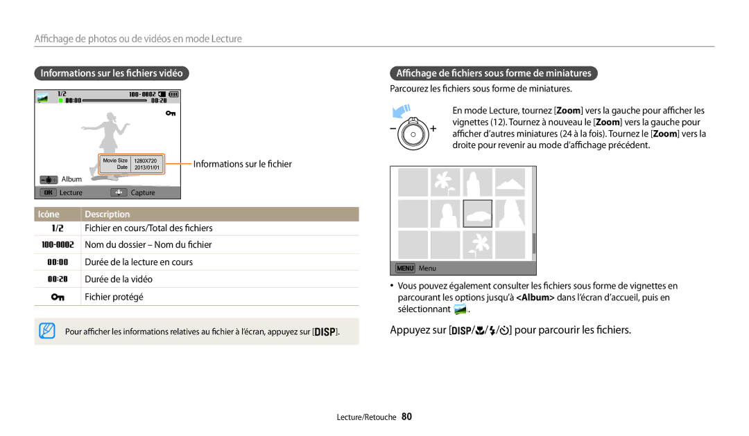 Samsung EC-WB32FZBDLFR, EC-WB32FZBDWFR Informations sur les fichiers vidéo, Affichage de fichiers sous forme de miniatures 