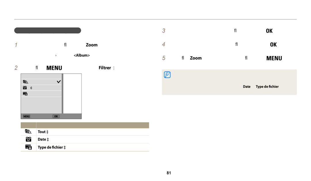 Samsung EC-WB32FZBDWFR manual En mode Lecture, faites tourner le Zoom vers la gauche, Affichage des fichiers par catégorie 