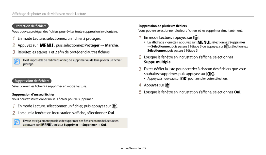 Samsung EC-WB32FZBDRFR, EC-WB32FZBDLFR manual Protection de fichiers, Suppression de fichiers, Suppression d’un seul fichier 