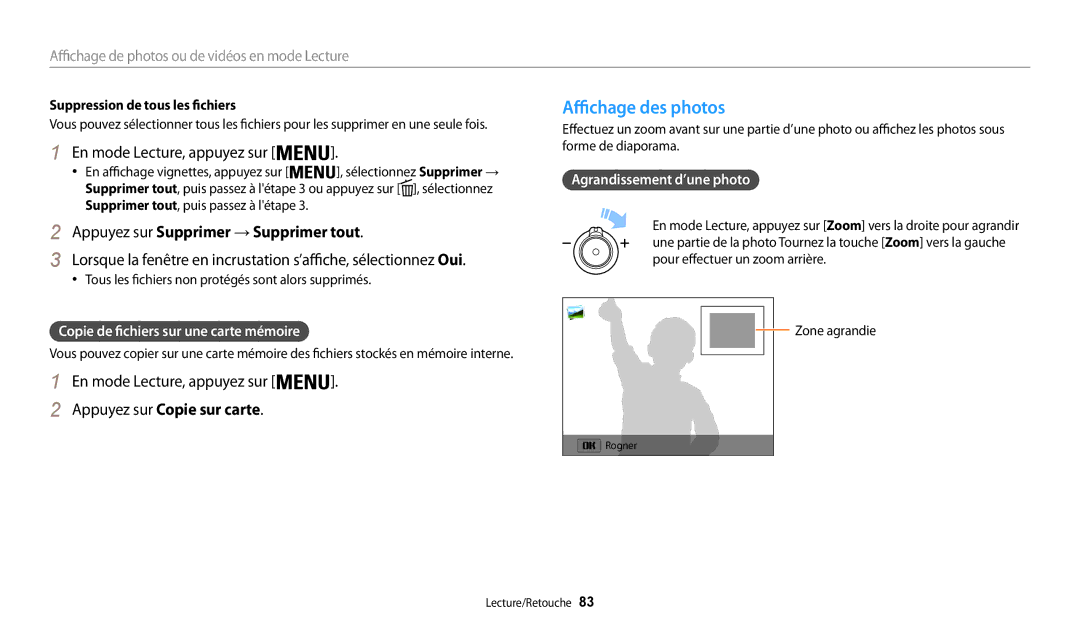 Samsung EC-WB30FZBPWFR manual Affichage des photos, En mode Lecture, appuyez sur, Appuyez sur Supprimer → Supprimer tout 