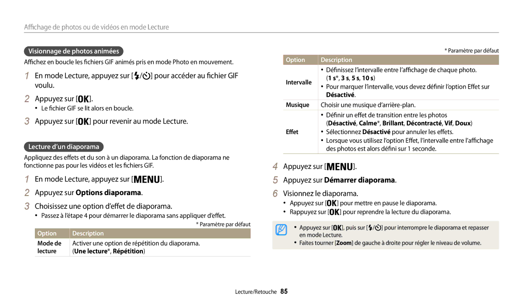 Samsung EC-WB30FZBPRFR, EC-WB32FZBDLFR, EC-WB32FZBDWFR manual Appuyez sur Options diaporama, Appuyez sur Démarrer diaporama 