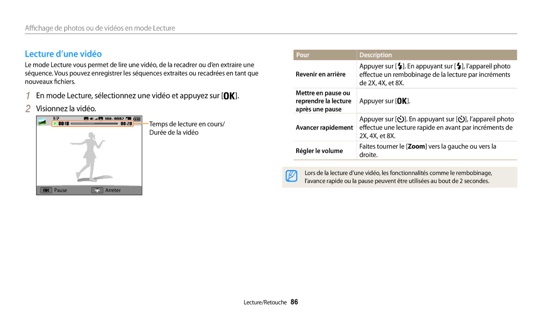 Samsung EC-WB31FZBPRFR, EC-WB32FZBDLFR manual Lecture d’une vidéo, Revenir en arrière, Après une pause, Régler le volume 