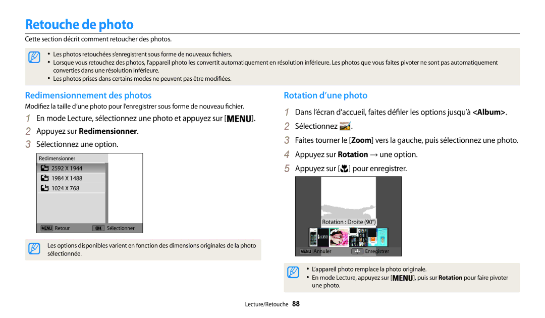 Samsung EC-WB30FZBPBFR Retouche de photo, Redimensionnement des photos, Rotation d’une photo, Appuyez sur Redimensionner 