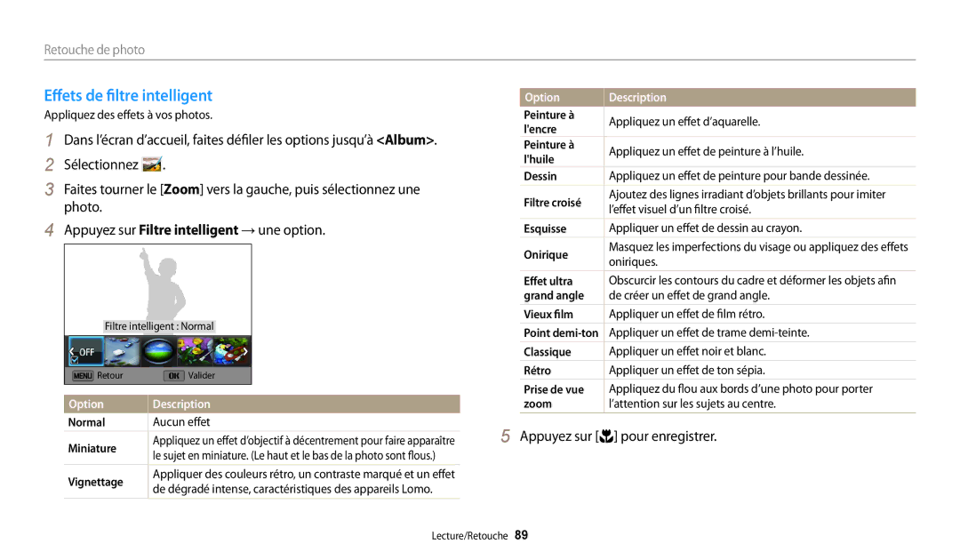 Samsung EC-WB32FZBDLFR, EC-WB32FZBDWFR, EC-WB32FZBDRFR manual Effets de filtre intelligent, Normal, Oniriques, Effet ultra 