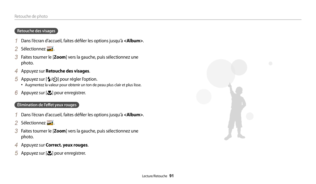 Samsung EC-WB32FZBDRFR, EC-WB32FZBDLFR, EC-WB32FZBDWFR Appuyez sur Retouche des visages, Appuyez sur / pour régler l’option 