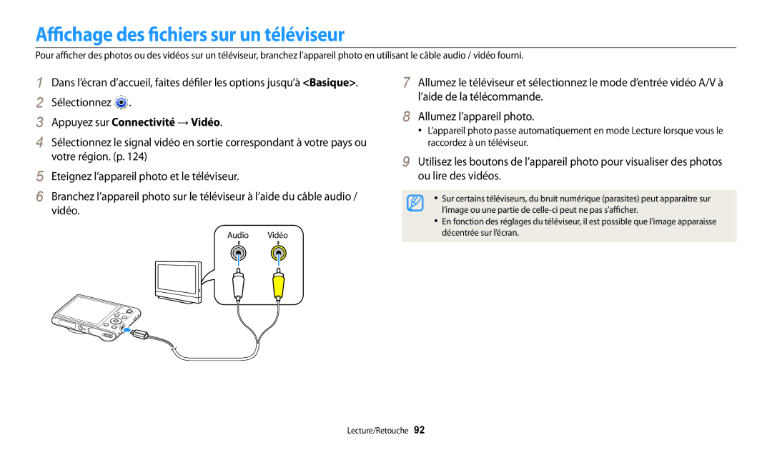 Samsung EC-WB30FZBPWFR, EC-WB32FZBDLFR manual Affichage des fichiers sur un téléviseur, Appuyez sur Connectivité → Vidéo 