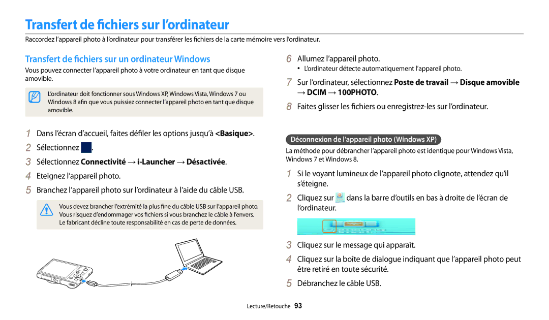 Samsung EC-WB32FZBDBFR manual Transfert de fichiers sur l’ordinateur, Transfert de fichiers sur un ordinateur Windows 