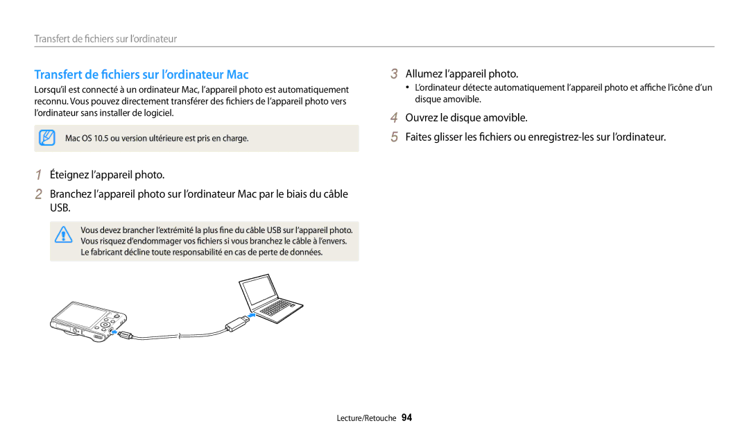 Samsung EC-WB30FZBPRFR, EC-WB32FZBDLFR, EC-WB32FZBDWFR, EC-WB32FZBDRFR manual Transfert de fichiers sur l’ordinateur Mac 