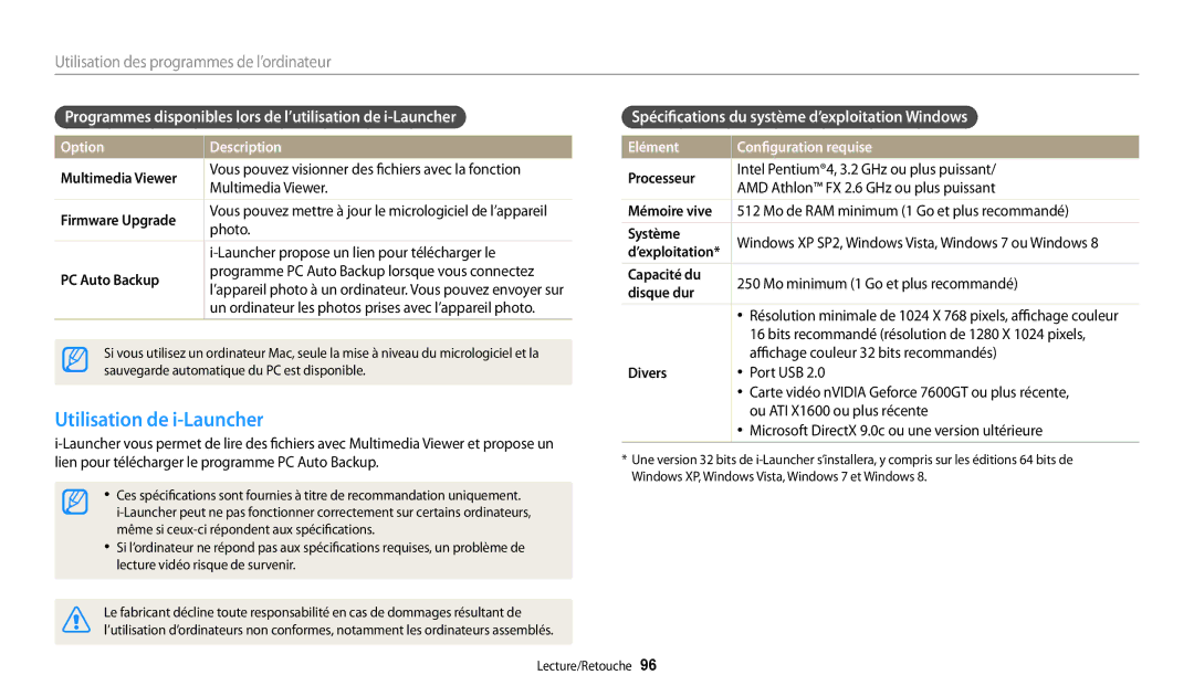 Samsung EC-WB30FZBPLFR manual Utilisation de i-Launcher, Programmes disponibles lors de l’utilisation de i-Launcher 