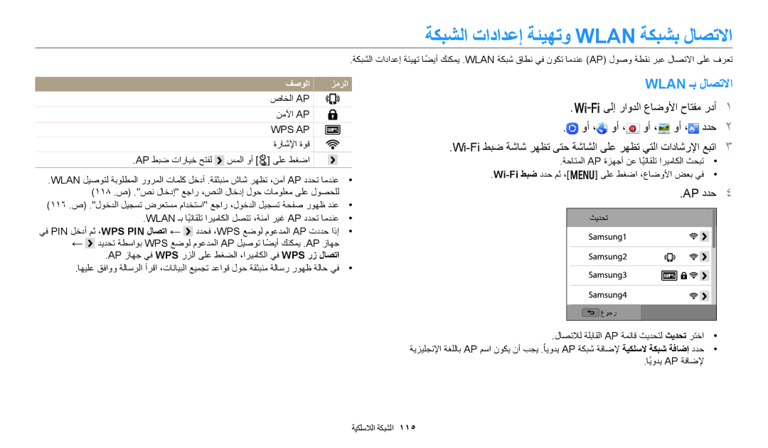 Samsung EC-WB350FBDBM3, EC-WB350FBDUJO, EC-WB350FBDWM3 ةكبشلا تادادعإ ةئيهتو Wlan ةكبشب لاصتلاا, Wlan ـب لاصتلاا, Ap ددح 