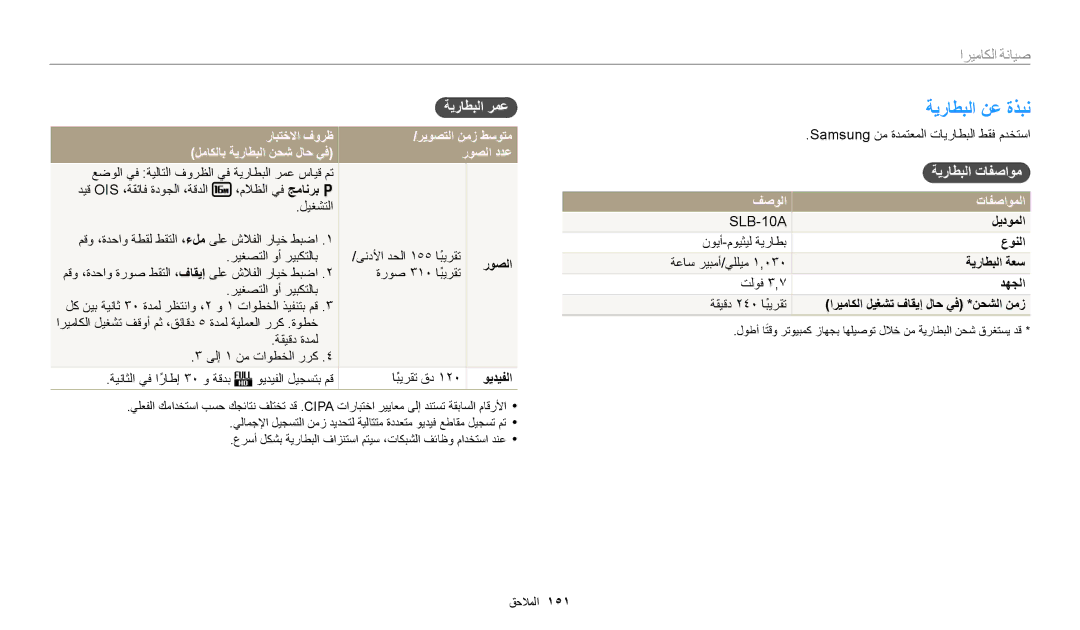 Samsung EC-WB350FDPWME, EC-WB350FBDUJO, EC-WB350FBDWM3, EC-WB350FBPBM3 ةيراطبلا نع ةذبن, ةيراطبلا تافصاوم, فصولا تافصاوملا 