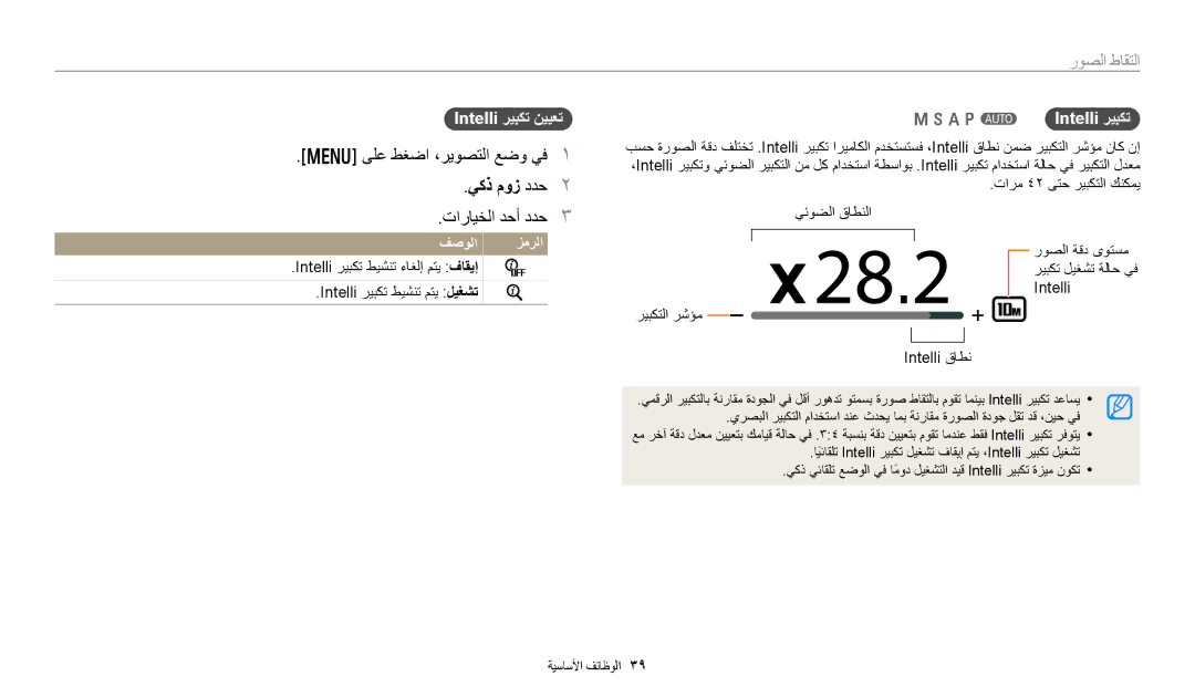 Samsung EC-WB350FBDBSA, EC-WB350FBDUJO ىلع طغضا ،ريوصتلا عضو يف, يكذ موز ددح, Intelli ريبكت نييعت, MhApT Intelli ريبكت 