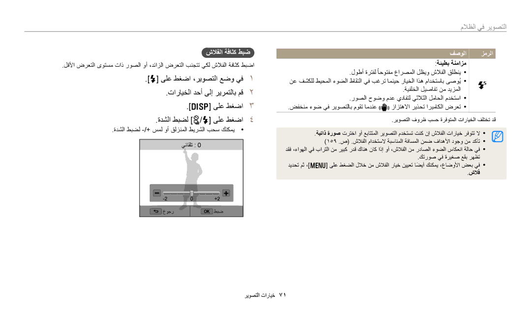 Samsung EC-WB350FBDWSA manual تارايخلا دحأ ىلإ ريرمتلاب مق, ةدشلا طبضل t/F ىلع طغضا, شلافلا ةفاثك طبض, ةئيطب ةنمازم 