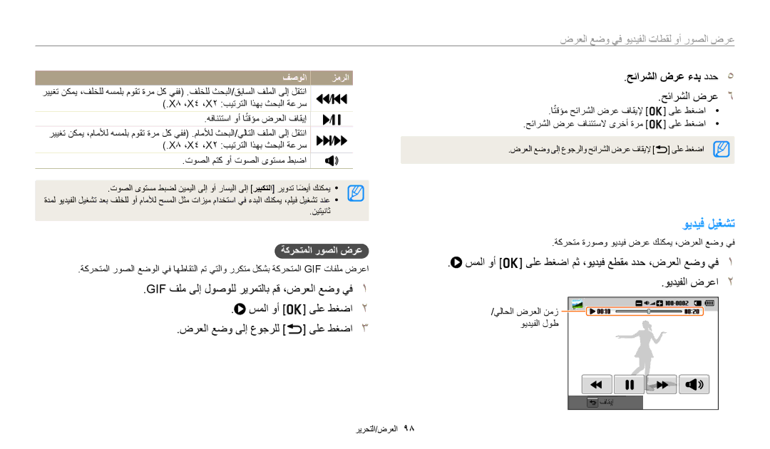 Samsung EC-WB350FBPBRU, EC-WB350FBDUJO, EC-WB350FBDWM3, EC-WB350FBPBM3 ويديف ليغشت, حئارشلا ضرع ءدب ددح, ةكرحتملا روصلا ضرع 