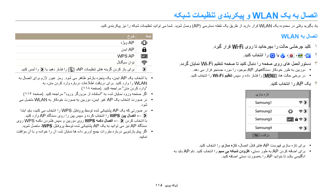 Samsung EC-WB350FBDBM3, EC-WB350FBDUJO manual هکبش تامیظنت یدنبرکیپ و Wlan کی هب لاصتا, Wlan هب لاصتا, دینک باختنا ار Ap کی 