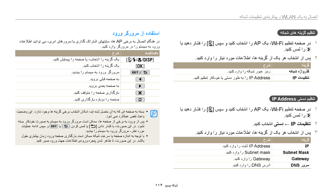 Samsung EC-WB50FZBDWM3 manual دورو رگرورم زا هدافتسا, دینک باختنا یتسد ← Ip تامیظنت, هکبش یاه هنیزگ میظنت, حرش دامن/همکد 