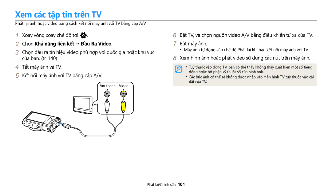 Samsung EC-WB350FBDWVN manual Xem các tập tin trên TV, Chọn Khả năng liên kết → Đầu Ra Video, Âm thanh Video, Đặt của TV 