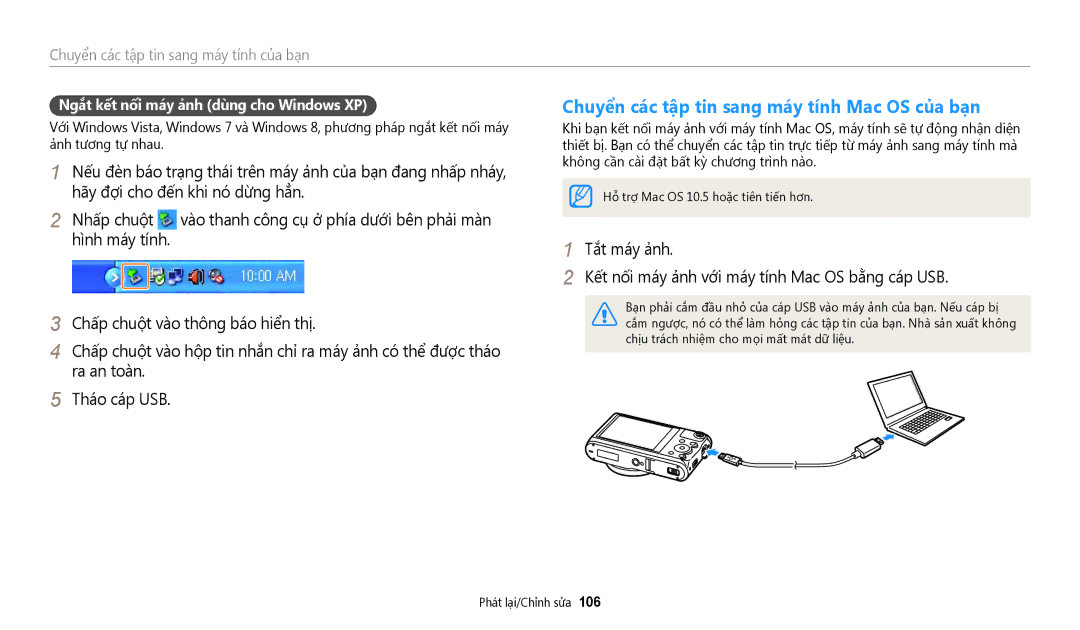 Samsung EC-WB50FZBDBVN manual Chuyển các tập tin sang máy tính Mac OS của bạn, Ngắt kết nối máy ảnh dùng cho Windows XP 