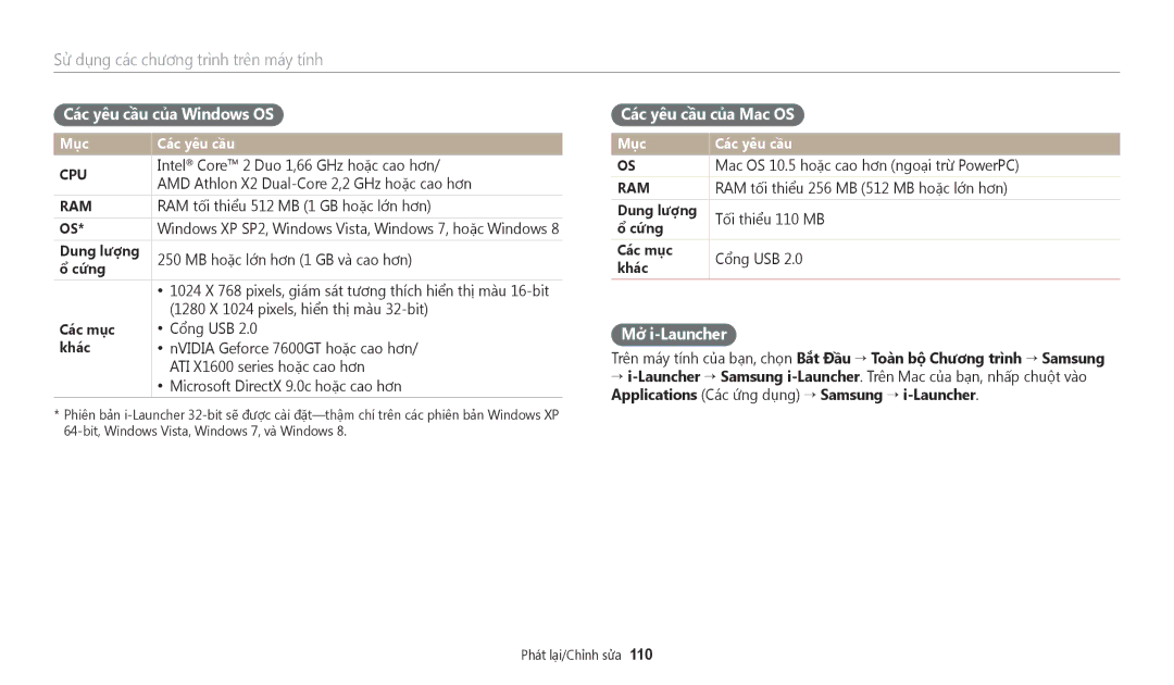 Samsung EC-WB350FBDRVN, EC-WB350FBDWVN Các yêu cầu của Windows OS, Các yêu cầu của Mac OS, Mở i-Launcher, Mục Các yêu cầu 