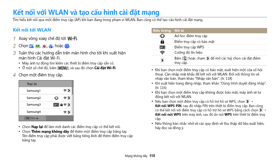 Samsung EC-WB350FBDRVN manual Kết nối với Wlan và tạo cấu hình cài đặt mạng, Kết nối tới Wlan, Chọn một điêm truy cập 