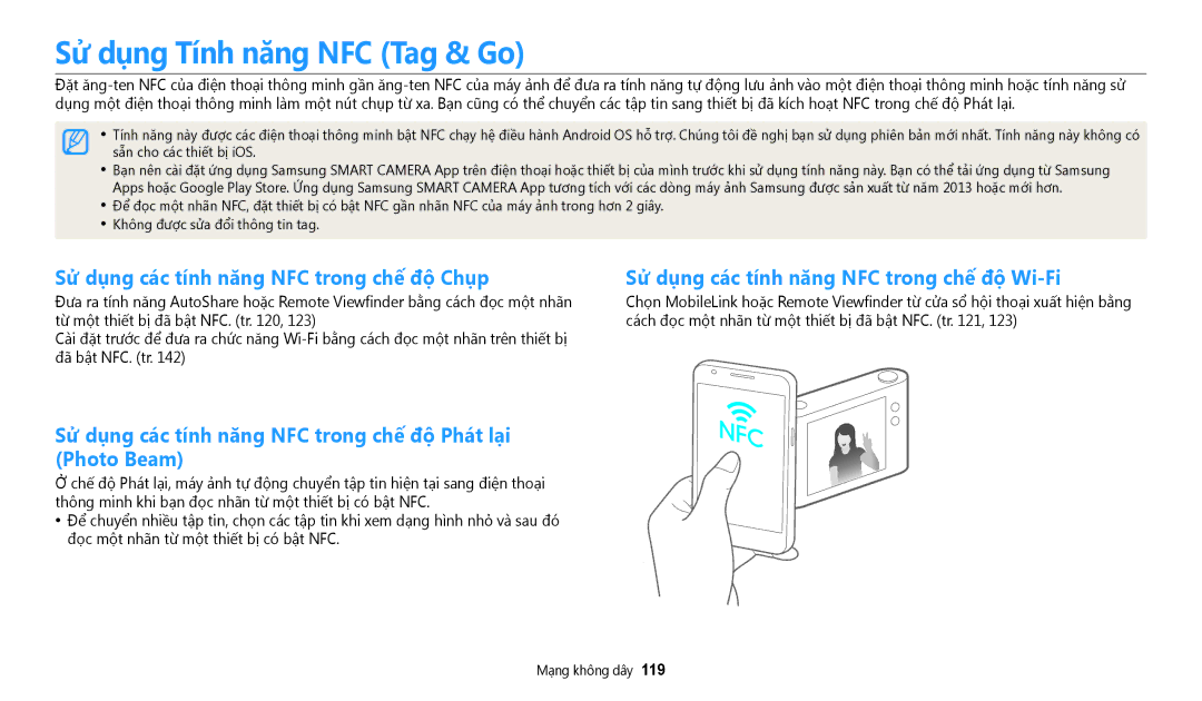 Samsung EC-WB350FBDWVN, EC-WB350FBDRVN manual Sử dụng Tính năng NFC Tag & Go, Sử dụng các tính năng NFC trong chế độ Chụp 