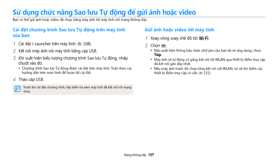 Samsung EC-WB50FZBDWVN manual Sử dụng chức năng Sao lưu Tự động để gửi ảnh hoặc video, Gửi ảnh hoặc video tới máy tính 