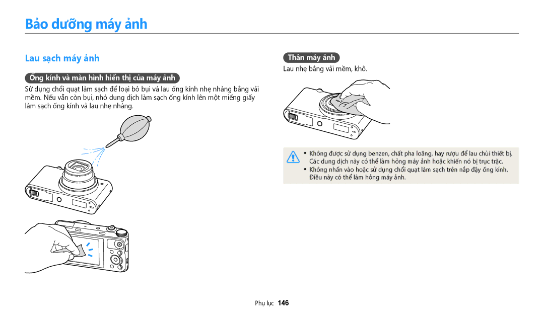Samsung EC-WB50FZBDBVN manual Bảo dưỡng máy ảnh, Lau sạch máy ảnh, Ống kính và màn hình hiển thị của máy ảnh, Thân máy ảnh 